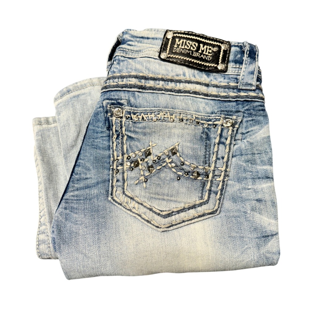 Miss Me Jeans Womens 27 (29x33 ACTUAL) Bootcut Faded Wash Embellished Blue Denim